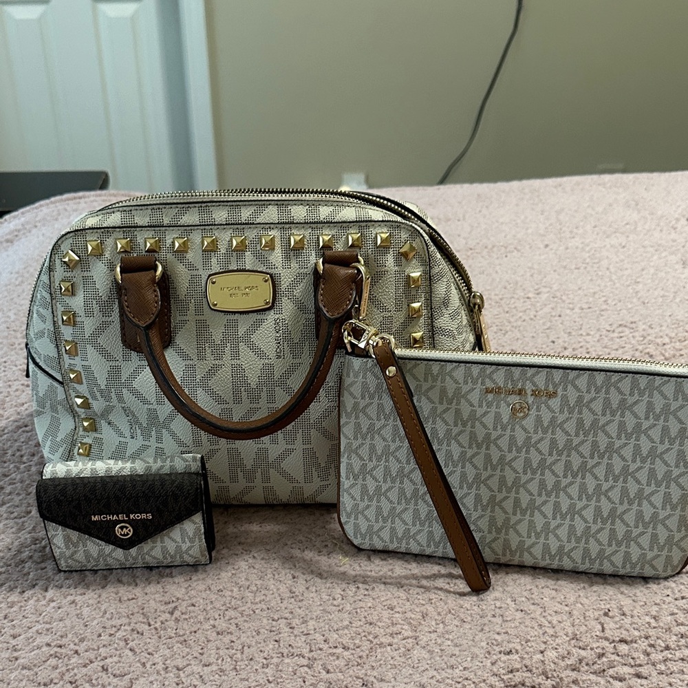 Michael Kors Cream and Brown Satchel Set with Gold Accents